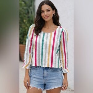 Seen Worn Kept by Anthropologie Multicolor Stripe Long Sleeve Boho Top Size 10